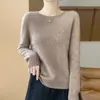 Amigo da pele, 100% respirável, suéter de tricô feminino de primeira linha com gola redonda clássica, estilo outono/inverno de lã, rosa elegante