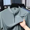 2025 Nueva Camisa Polo con Cuello de Pie y Cremallera Camiseta de Manga Corta para Hombre, Verano Casual Transpirable Elástica Resistente a las Arrugas Seda de Hielo Manga Media