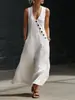 Vestido Regata Casual de Algodão e Linho Sem Mangas com Botões e Decote V - Estilo Europeu e Americano - TikTok Cross-Border Primavera/Verão 2026
