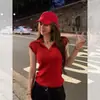 Camiseta roja estilo coreano con cuello polo de manga corta para mujer, suéter fino de verano ajustado de cintura alta con cuello en V corto para mujeres petite