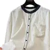 Nova moda outono estilo coreano super estilosa camisa de manga comprida listrada gola redonda color block com um toque chique e único de alta qualidade