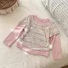 [Ningli] Blusa Base Falsa de Duas Peças para Meninas, Nova Coleção de Outono, Camiseta Patchwork Color Block Listrada de Manga Longa Infantil