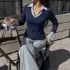 Novo Estilo Outono/Inverno 2026 Blusa Falsa de Duas Peças Transfronteiriça Europeia e Americana Slim Fit Camiseta de Manga Longa com Listras Costuradas e Cores Contrastantes para Mulheres