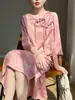 Nuevo vestido chino de cuello redondo con brocado de satén fragante para mujer, falda de seda morera de alta calidad, elegante y holgada.