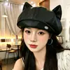 Boina retro estilo coreano para outono e inverno, em PU, com orelhas de gato fofas, para mulheres, faz o rosto parecer menor, versátil e estiloso, chapéu de pintor, chapéu octogonal