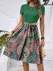 Tendência de Moda Europeia e Americana Transfronteiriça Temperamento Gola Redonda Manga Curta Bloqueada por Cores Faixa na Cintura Estampa Paisley Vestido Midi para Mulheres