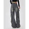 Calça Jeans Cargo de Bolso Múltiplo Americano Plus Size para Mulheres, Nicho de Designer Solta Emagrecimento Perna Larga Comprimento Total