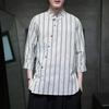 2025 Nueva Camisa de Algodón y Lino Retro China de Comercio Exterior para Hombre Verano Talla Grande Rayas Hebilla Transfronteriza para Hombre Hanfu