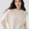 Suéter de cachemira de estilo perezoso con cuello semi-alto para mujer, color liso, longitud media, corte holgado, suéter de punto de manga larga, suéter de lana simple