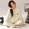 Pijama de algodón puro para mujer, manga larga, pantalón largo, cuello camisero, estilo cárdigan, cómodo, talla grande, estilo primavera y otoño, dulce y lindo, adecuado para usar como prenda exterior