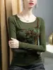 Camiseta de Veludo Estampado Patchwork de Manga Longa para Mulheres, Estilosa Nova Tendência Outono e Inverno 2025, Blusa Base Feminina Falsa de Duas Peças