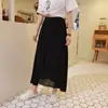 Vestido Largo de Modal Japonés Vintage de Verano Negro Elegante para Viajar Hada Color Sólido Costura Encaje Falda Falsa de Dos Piezas