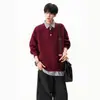 Suéter de retazos con cuello de camisa burdeos, cárdigan de punto casual para hombre otoño/invierno, top de diseño único