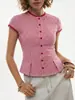 Camisa retro americana de manga corta con cuello y cuadros azules para mujer, camisa petite de verano entallada a la cintura, top chic estilo coreano