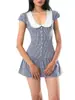 Vestido corto de cuadros retro europeo y americano transfronterizo con cuello de muñeca y cuello de encaje, entallado en la cintura, mangas abullonadas, dulce vestido de niña línea A