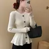 Suéter Talla Plus con Botones de Lazo y Dobladillo Fruncido, Diseñado para Adelgazar la Cintura, para Mujer, Otoño e Invierno