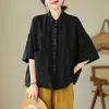 Camisa de Algodão e Linho Cor Sólida Feminina Bolso Grande Gola Lapela Manga Média Solta Camisa Casual Top Externo Senso de Design