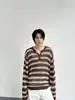 Suéter de punto rayado Henley de manga larga color-blocking estilo perezoso para hombre, otoño/invierno casual holgado tacto de alta gama hueco moderno