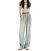7945 Verano Estilo Coreano Pantalones de Mezclilla Azules de Pierna Ancha para Mujer Cintura Alta Sueltos Adelgazantes Diseño Plisado Pantalones Rectos hasta el Piso