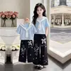 Conjunto Elegante Casual de Duas Peças para Meninas Grandes, Manga Curta, Gola de Marinheiro, Estilo Acadêmico, Renda de Verão, Calça Longa de Perna Larga, Personalizado