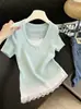 Camiseta de Manga Corta Patchwork de Encaje Verde Suave Dos en Uno para Mujer 2026 Nuevo Versátil Ajustado Top Corto