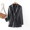 Jaqueta de Couro Haining para Mulheres, Comprimento Médio, Preta, Gola Alta, Cintura com Amarração, Jaqueta de Couro, Novo Estilo Outono e Inverno, Elegante Casaco de Couro