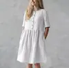 Deseo Amazon Moda Femenina Transfronteriza Europea y Americana Casual Color Sólido Cuello Redondo Botón de Bolsillo Manga Corta Vestido de Algodón Lino