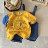 Ropa Nueva de Verano 2025 para Niños y Niñas, Peto de Mezclilla con Cachorros, Trajes para Niños, Conjunto de Dos Piezas de Manga Corta con Cuello Redondo Estilo Coreano para Niños