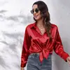 2025 Nueva Camisa de Satén con Cuello en V Casual para Mujer de Comercio Exterior Europeo y Americano, Blusa de Manga Larga de Satén Imitación Seda para Mujer