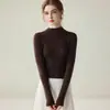 Suéter delgado de punto de manga larga para mujer, 100% lana, una sola pieza sin costuras, corte ajustado, cuello semi alto, capa base, nuevo modelo 2026