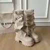 Botas largas para mujer, nuevo estilo otoño e invierno, con suela gruesa y hebilla, 2026 mezclilla de moda estilo western, para aumentar altura, con cinturón, elásticas, botas de moda