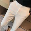 Calças de terno casual waffled Calças masculinas de primavera e outono Calças de terno de negócios Slim-fit Pés magros Calças de terno de cintura elastómica sem engomar