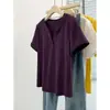 Ropa de verano transfronteriza para mujer de talla grande, cuello en V adelgazante, camiseta de manga corta de color liso con botones talla grande, top versátil de hombro normal para mujer, corte ajustado
