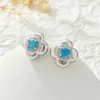 Pendientes Retro de Gama Alta de Trébol de Cuatro Hojas Turquesa Azul Exquisitos y Elegantes Versátiles Pendientes de Aguja de Plata S925 Pendientes para Mujer