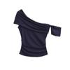 Estilo Elegante e Maduro, Gola Inclinada, Camiseta Feminina de Manga Curta Ombro a Ombro, Look Slimming de Verão, Top Curto Assimétrico Chique