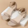 Sandálias Femininas de Verão 2024 Novas com Salto Médio, Abertas na Ponta, com Fivela, Moda, Salto Médio, Versáteis, Tamanho Grande, Sapatos Romanos Transfronteiriços