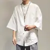 Camisa de linho casual de cinco quartos, cor sólida retrô, estilo chinês, de três quartos, para homens, tendência padrão jovem de verão