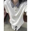 Camisa Polo com Falso Duas Peças em Xadrez Costurado Manga Curta Masculina Verão Estilo Preppy Gola Camisa Camiseta Retrô Americano Meia Manga