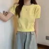 Jersey de Punto de Cuello Redondo de Color Sólido de Manga Corta para Mujer Primavera Estilo Coreano Corto Ajustado Color Sólido Imitación Visón Top Camiseta Pequeña de Moda para Mujer