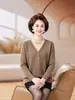 Conjunto de dos piezas para mujeres de mediana edad y mayores, suéter de punto con cuello en V, top elegante y cálido para primavera y otoño