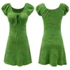 Atacado de fabricante de roupas femininas transfronteiriço 2026 Vestido curto estilo francês verde jacquard com cadarço e mangas bufantes acinturado
