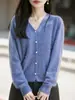 Cárdigan de punto de lana de cachemira suave y cálido para mujer, cuello redondo, corte holgado, suéter cepillado con botones de perla, top tipo chaqueta de forro polar