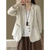 2026 Primavera/Otoño Chaqueta de Traje Nueva Retro Artística para Mujer Ropa Exterior Casual con Solapa Algodón Lino Cardigan de Temperamento