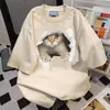 Camiseta Corta de Manga Corta Oversize con Estampado de Gato, Diseño de Marca Tendencia Retro Americana para Hombres y Mujeres, Talla Grande Holgada, Atuendo de Pareja High Street