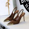 373-32 Zapatos de metal puntiagudos de tacón alto estilo europeo y americano con tacones finos, tacones superaltos, boca escotada, tira trasera vacía, zapatos de banquete para mujer