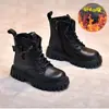 Nuevos estilos de otoño e invierno de botas Martin para niños, para niñas de 6 a 12 años, con un diseño de princesa británica, forro de felpa para abrigar, estilo de bota corta y una cremallera lateral para ponérselas y quitárselas fácilmente, con una suela antideslizante
