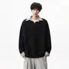 Sudadera con cuello de camisa tipo patchwork estilo universitario, efecto dos piezas, forro polar, para hombre y mujer, otoño e invierno, top de manga larga tipo polo