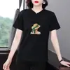 Nova Camiseta Feminina de Manga Curta, Tamanho Grande, Caimento Solto, Versátil, Emagrecedora, Rejuvenescedora, Casual, Fashion, Top com Gola Redonda para o Verão