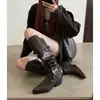 Uso de dos maneras, apilables, hasta la rodilla, piel de vaca, Invierno 2026, punta fina, tacón grueso, tacón medio, hebilla, cuero genuino, arrugado, botas largas de caña alta, para mujer