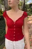 Camiseta de manga corta con volantes estilo ballet, transfronteriza INS, verano, cárdigan ajustado de manga corta con botones y ribete de encaje, top de manga corta con cuello en V, venta al por mayor
